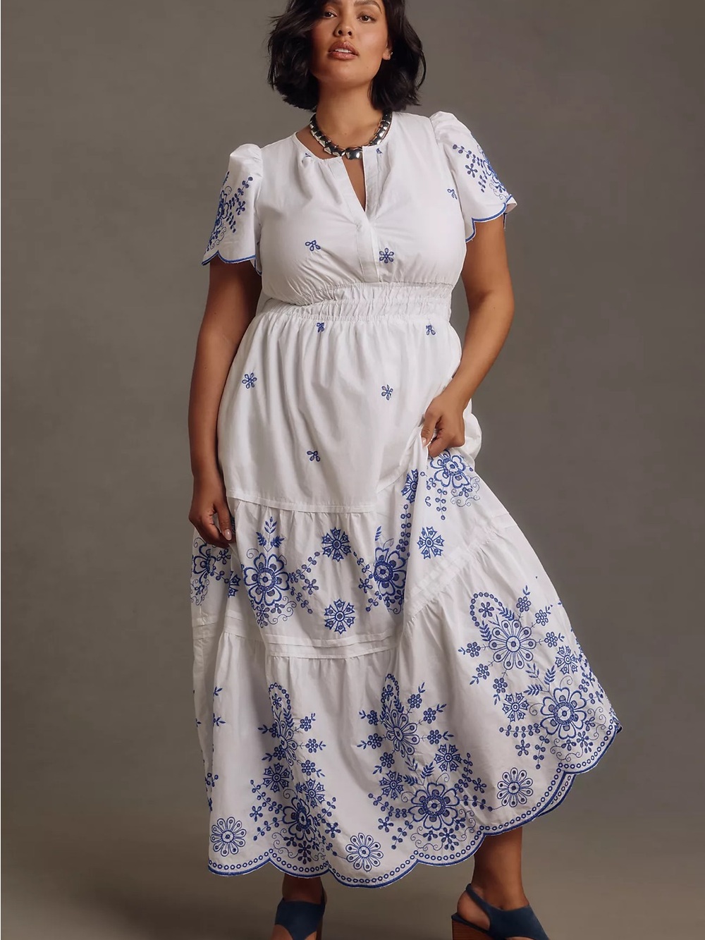 Anthropologie Somerset White Maxi Dress with Blue Embroidered Floral Trim
